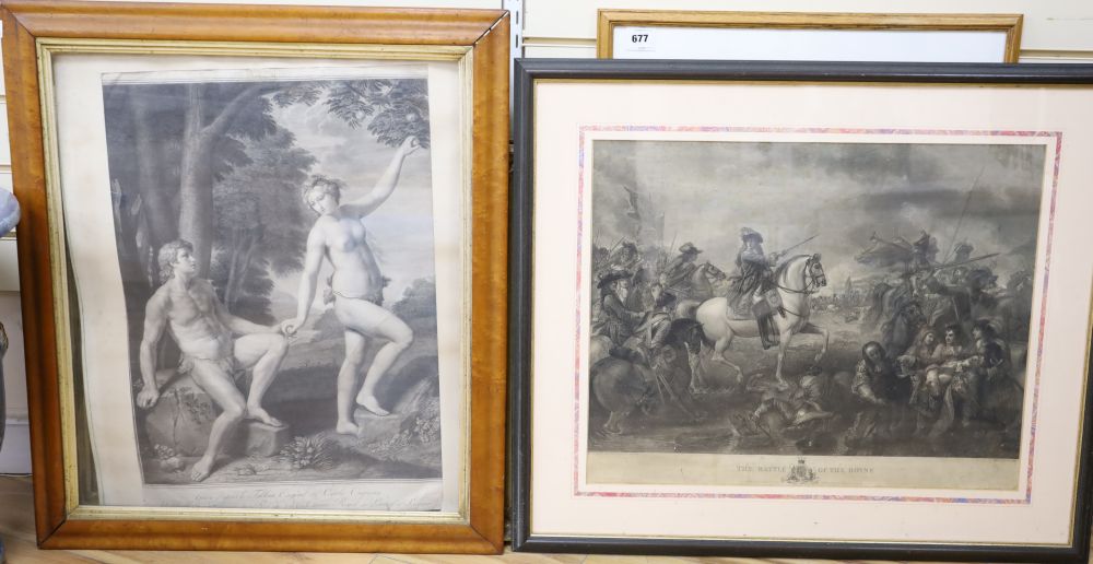 After Carlo Cignani, engraving, Adam and Eve, 61 x 43cm, in a Victorian maple frame and After Benjamin West, engraving, The Battle of t